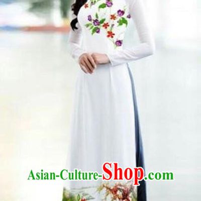 Traditional Top Grade Asian Vietnamese Costumes Classical Printing Bride Toast Cheongsam, Vietnam National Princess White Ao Dai Dress for Women