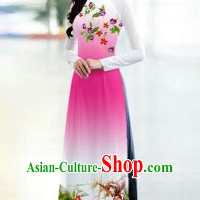 Traditional Top Grade Asian Vietnamese Costumes Classical Printing Bride Toast Cheongsam, Vietnam National Princess Pink Ao Dai Dress for Women