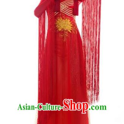 Traditional Top Grade Asian Vietnamese Costumes Classical Bride Wedding Toast Cheongsam, Vietnam National Red Ao Dai Dress for Women