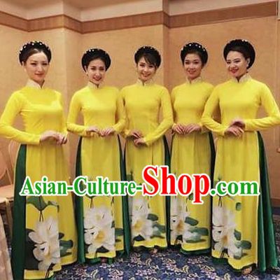 Traditional Top Grade Asian Vietnamese Costumes Classical Bridesmaid Wedding Cheongsam, Vietnam National Yellow Printing Ao Dai Dress for Women