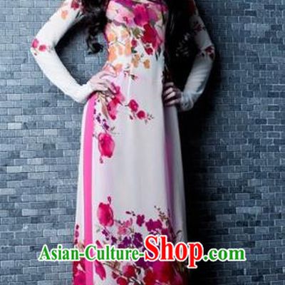 Traditional Top Grade Asian Vietnamese Costumes Classical Catwalks Printing Princess Cheongsam, Vietnam National Ao Dai Dress for Women