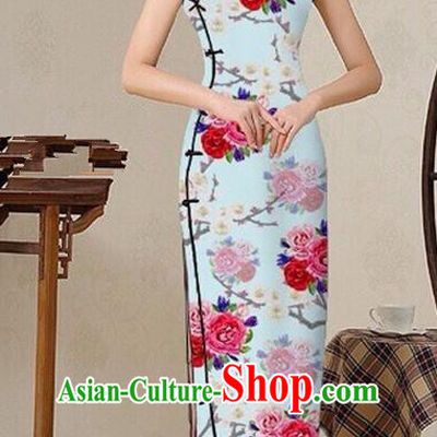Traditional Top Grade Chinese Costumes Classical Catwalks Printing Princess Cheongsam, China National Light Blue Chi-pao Dress for Women