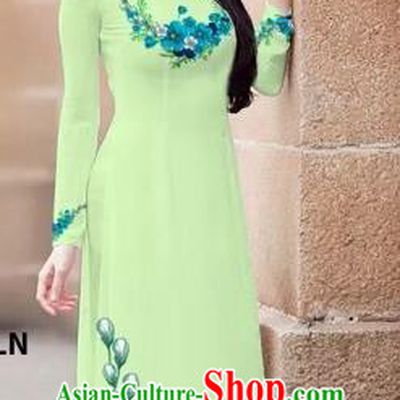 Traditional Top Grade Asian Vietnamese Costumes Classical Princess Printing Flowers Cheongsam, Vietnam National Ao Dai Dress Light Green Full Dress for Women