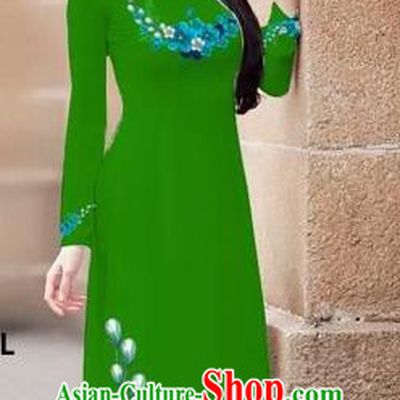 Traditional Top Grade Asian Vietnamese Costumes Classical Princess Printing Flowers Cheongsam, Vietnam National Ao Dai Dress Green Full Dress for Women