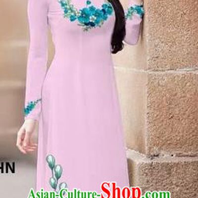 Traditional Top Grade Asian Vietnamese Costumes Classical Princess Printing Flowers Cheongsam, Vietnam National Ao Dai Dress Pink Full Dress for Women