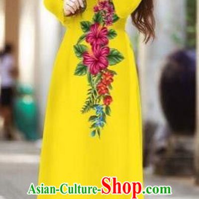 Traditional Top Grade Asian Vietnamese Costumes Classical Printing Cheongsam, Vietnam National Ao Dai Dress Beauty Contest Yellow Full Dress for Women