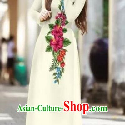 Traditional Top Grade Asian Vietnamese Costumes Classical Printing Cheongsam, Vietnam National Ao Dai Dress Beauty Contest White Full Dress for Women
