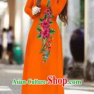 Traditional Top Grade Asian Vietnamese Costumes Classical Printing Cheongsam, Vietnam National Ao Dai Dress Beauty Contest Orange Full Dress for Women