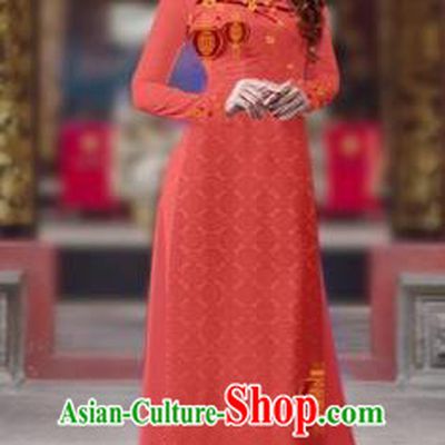 Traditional Top Grade Asian Vietnamese Costumes Classical Printing New Year Cheongsam, Vietnam National Ao Dai Dress Princess Red Full Dress for Women