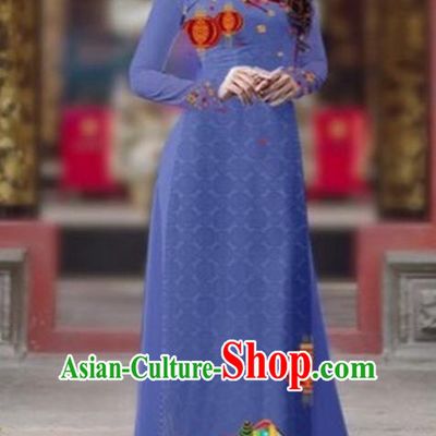 Traditional Top Grade Asian Vietnamese Costumes Classical Printing New Year Cheongsam, Vietnam National Ao Dai Dress Princess Dusty Blue Full Dress for Women