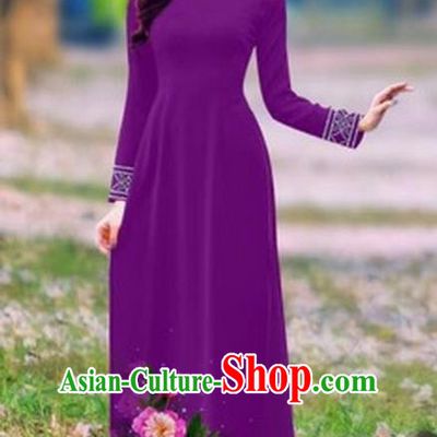 Traditional Top Grade Asian Vietnamese Costumes Classical Printing Flower Cheongsam, Vietnam National Ao Dai Dress Princess Purple Full Dress for Women
