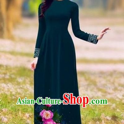 Traditional Top Grade Asian Vietnamese Costumes Classical Printing Flower Cheongsam, Vietnam National Ao Dai Dress Princess Atrovirens Full Dress for Women
