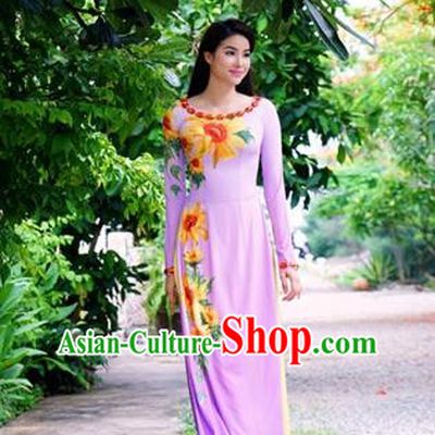 Traditional Top Grade Asian Vietnamese Costumes Classical Printing Cheongsam, Vietnam National Ao Dai Dress Princess Pink Chiffon Full Dress for Women