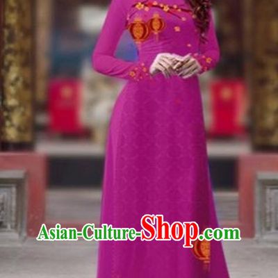 Traditional Top Grade Asian Vietnamese Costumes Classical Printing New Year Cheongsam, Vietnam National Ao Dai Dress Princess Purple Full Dress for Women