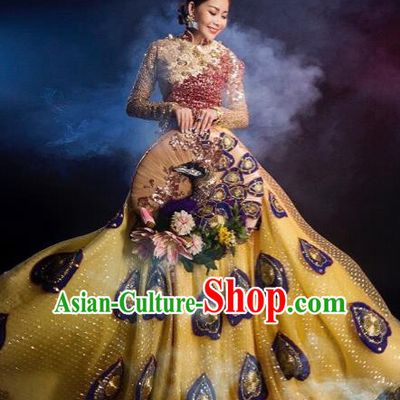 Traditional Top Grade Asian Vietnamese Costumes Classical Peacock Dance Big Swing Cheongsam, Vietnam National Ao Dai Dress Princess Full Dress for Women