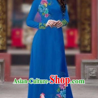 Traditional Top Grade Asian Vietnamese Costumes Classical Rooster Year Cheongsam, Vietnam National Ao Dai Dress Princess Peacock Blue Full Dress for Women