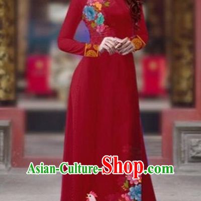 Traditional Top Grade Asian Vietnamese Costumes Classical Rooster Year Cheongsam, Vietnam National Ao Dai Dress Princess Wine Red Full Dress for Women