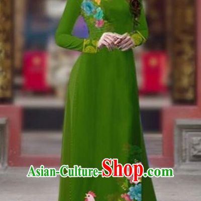 Traditional Top Grade Asian Vietnamese Costumes Classical Rooster Year Cheongsam, Vietnam National Ao Dai Dress Princess Green Full Dress for Women