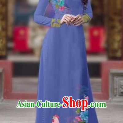Traditional Top Grade Asian Vietnamese Costumes Classical Rooster Year Cheongsam, Vietnam National Ao Dai Dress Princess Dusty Blue Full Dress for Women