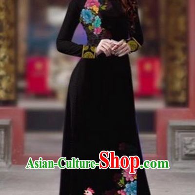 Traditional Top Grade Asian Vietnamese Costumes Classical Rooster Year Cheongsam, Vietnam National Ao Dai Dress Princess Black Full Dress for Women