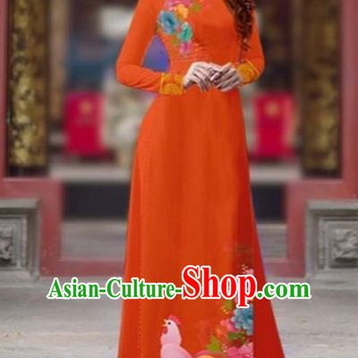 Traditional Top Grade Asian Vietnamese Costumes Classical Rooster Year Cheongsam, Vietnam National Ao Dai Dress Princess Orange Full Dress for Women