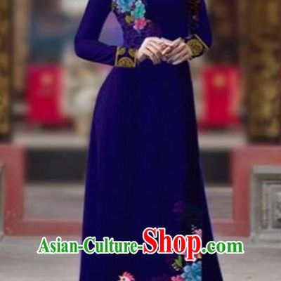 Traditional Top Grade Asian Vietnamese Costumes Classical Rooster Year Cheongsam, Vietnam National Ao Dai Dress Princess Royalblue Full Dress for Women