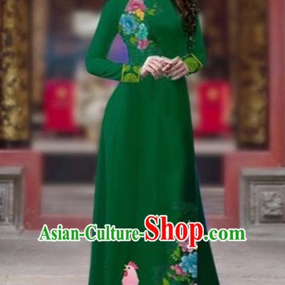 Traditional Top Grade Asian Vietnamese Costumes Classical Rooster Year Cheongsam, Vietnam National Ao Dai Dress Princess Deep Green Full Dress for Women