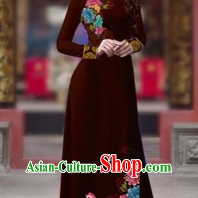 Traditional Top Grade Asian Vietnamese Costumes Classical Rooster Year Cheongsam, Vietnam National Ao Dai Dress Princess Purplish Red Full Dress for Women