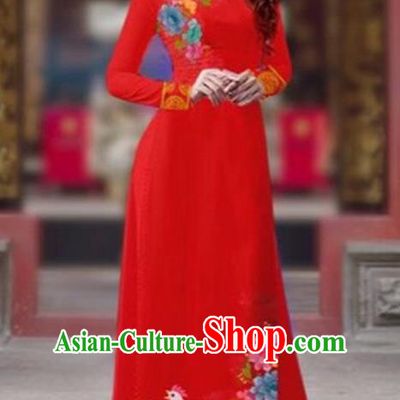 Traditional Top Grade Asian Vietnamese Costumes Classical Printing New Year Cheongsam, Vietnam National Ao Dai Dress Princess Green Full Dress for Women