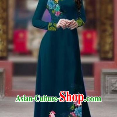 Traditional Top Grade Asian Vietnamese Costumes Classical Rooster Year Cheongsam, Vietnam National Ao Dai Dress Princess Atrovirens Full Dress for Women