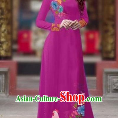 Traditional Top Grade Asian Vietnamese Costumes Classical Rooster Year Cheongsam, Vietnam National Ao Dai Dress Princess Rosy Full Dress for Women