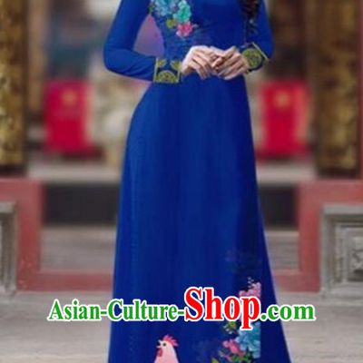 Traditional Top Grade Asian Vietnamese Costumes Classical Rooster Year Cheongsam, Vietnam National Ao Dai Dress Princess Blue Full Dress for Women