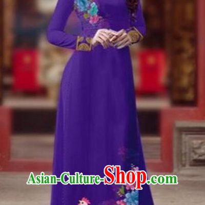 Traditional Top Grade Asian Vietnamese Costumes Classical Rooster Year Cheongsam, Vietnam National Ao Dai Dress Princess Purple Full Dress for Women