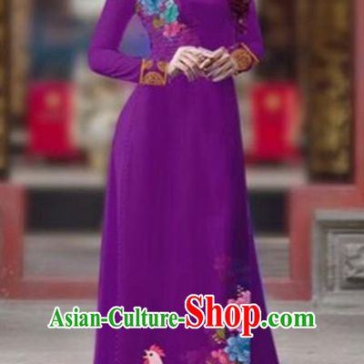 Traditional Top Grade Asian Vietnamese Costumes Classical Rooster Year Cheongsam, Vietnam National Ao Dai Dress Princess Violet Full Dress for Women
