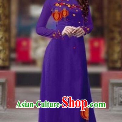 Traditional Top Grade Asian Vietnamese Costumes Classical Printing New Year Cheongsam, Vietnam National Ao Dai Dress Princess Deep Purple Full Dress for Women