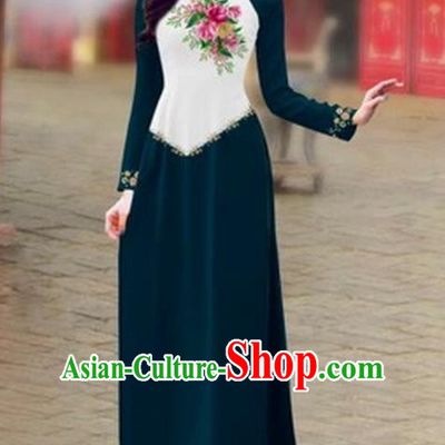 Traditional Top Grade Asian Vietnamese Costumes Classical Color Matching Cheongsam, Vietnam National Ao Dai Dress Printing Atrovirens Full Dress for Women