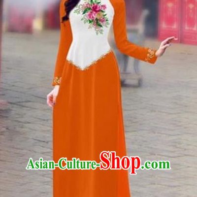Traditional Top Grade Asian Vietnamese Costumes Classical Color Matching Cheongsam, Vietnam National Ao Dai Dress Printing Orange Full Dress for Women