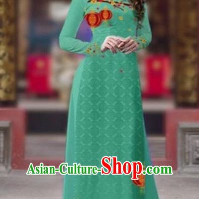 Traditional Top Grade Asian Vietnamese Costumes Classical Printing New Year Cheongsam, Vietnam National Ao Dai Dress Princess Green Full Dress for Women