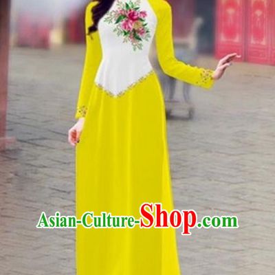 Traditional Top Grade Asian Vietnamese Costumes Classical Color Matching Cheongsam, Vietnam National Ao Dai Dress Printing Yellow Full Dress for Women