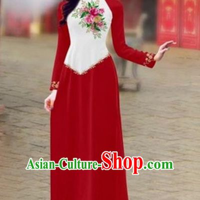 Traditional Top Grade Asian Vietnamese Costumes Classical Color Matching Cheongsam, Vietnam National Ao Dai Dress Printing Wine Red Full Dress for Women