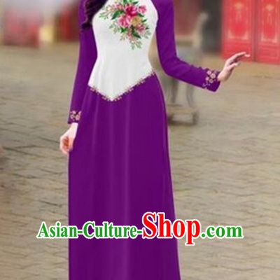 Traditional Top Grade Asian Vietnamese Costumes Classical Color Matching Cheongsam, Vietnam National Ao Dai Dress Printing Purple Full Dress for Women