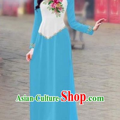 Traditional Top Grade Asian Vietnamese Costumes Classical Color Matching Cheongsam, Vietnam National Ao Dai Dress Printing Blue Full Dress for Women