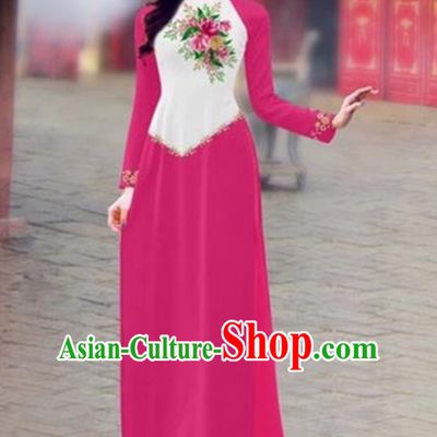 Traditional Top Grade Asian Vietnamese Costumes Classical Color Matching Cheongsam, Vietnam National Ao Dai Dress Printing Pink Full Dress for Women