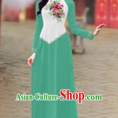 Traditional Top Grade Asian Vietnamese Costumes Classical Color Matching Cheongsam, Vietnam National Ao Dai Dress Printing Light Green Full Dress for Women