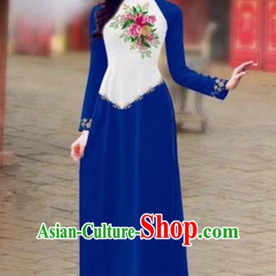 Traditional Top Grade Asian Vietnamese Costumes Classical Color Matching Cheongsam, Vietnam National Ao Dai Dress Printing Royalblue Full Dress for Women