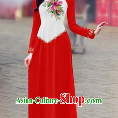 Traditional Top Grade Asian Vietnamese Costumes Classical Color Matching Cheongsam, Vietnam National Ao Dai Dress Printing Red Full Dress for Women