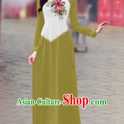 Traditional Top Grade Asian Vietnamese Costumes Classical Color Matching Cheongsam, Vietnam National Ao Dai Dress Printing Grass Green Full Dress for Women