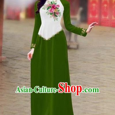 Traditional Top Grade Asian Vietnamese Costumes Classical Color Matching Cheongsam, Vietnam National Ao Dai Dress Printing Green Full Dress for Women