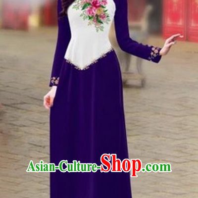 Traditional Top Grade Asian Vietnamese Costumes Classical Color Matching Cheongsam, Vietnam National Ao Dai Dress Printing Purple Full Dress for Women