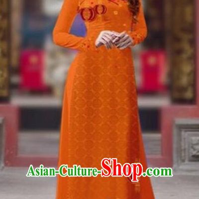Traditional Top Grade Asian Vietnamese Costumes Classical Printing New Year Cheongsam, Vietnam National Ao Dai Dress Princess Orange Full Dress for Women